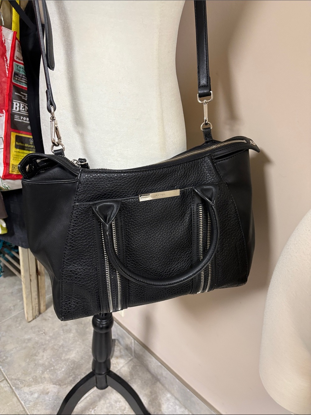 Nine West Black Vegan Leather Double Handled Shoulder Satchel Bag Purse